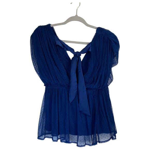 ANTHROPOLOGIE V-Neck Tulle Blouse Navy Blue Bow Size Small Dainty Chic Polka Dot - Picture 4 of 8